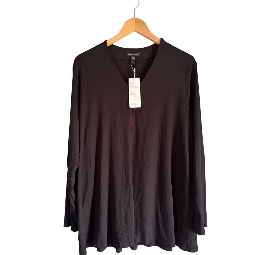 Eileen Fisher Black Tencel Lyocell V-Neck Long Sleeve Tunic Top Large NWT